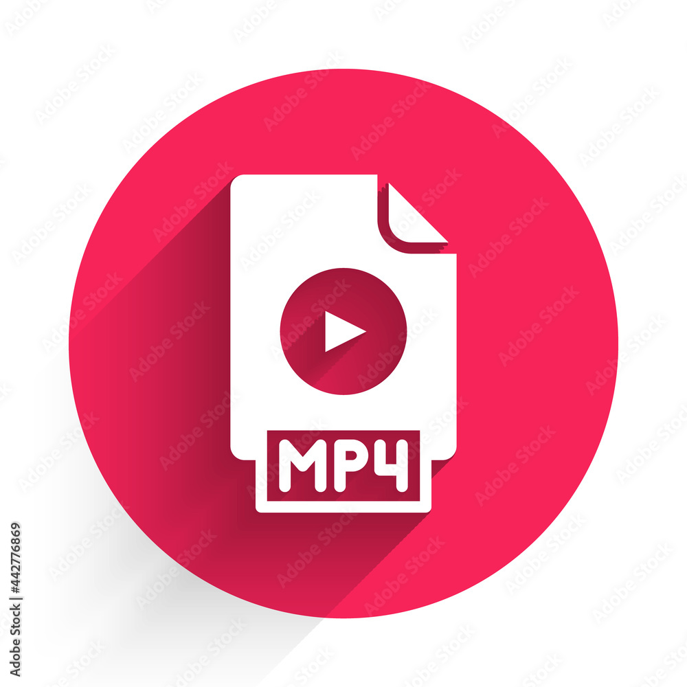 白色MP4文件文档。下载与长阴影隔离的MP4按钮图标。MP4文件符号。红色ci