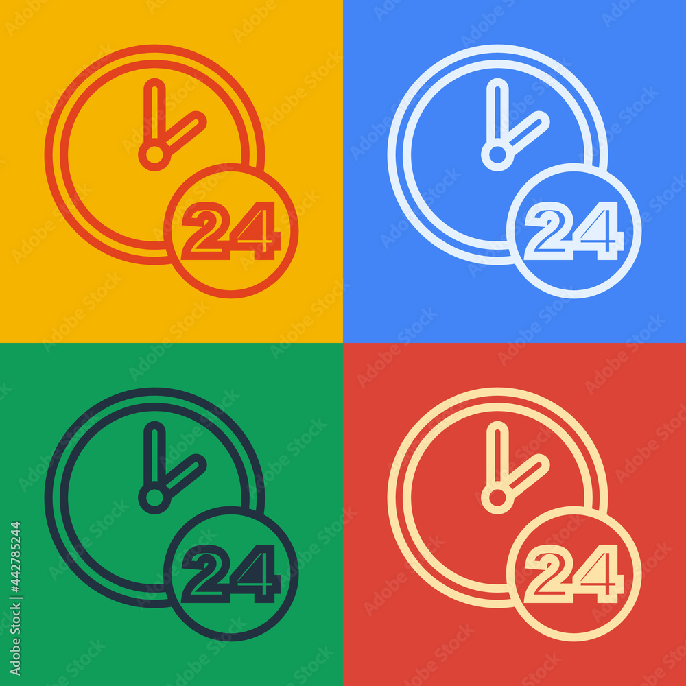 流行艺术线时钟24小时图标隔离在彩色背景上。全天循环图标。24小时服务