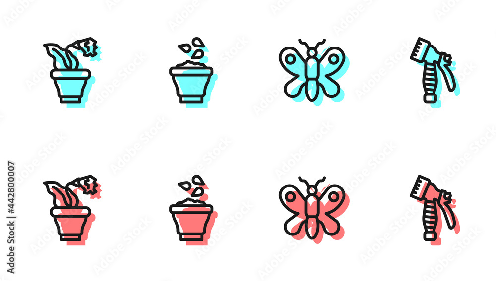 Set line Butterfly, Flower in pot, Seeds bowl and Water spray bottle icon. Vector