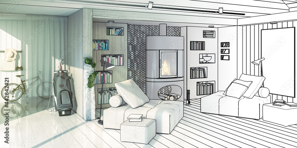 别墅内壁炉处的豪华坐椅组（图纸）-全景3D可视化
