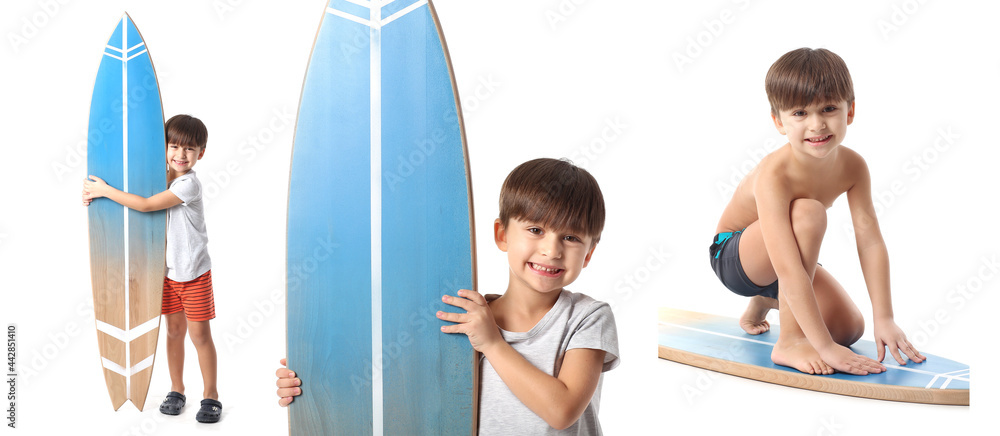 白色背景上有冲浪板的可爱小男孩
