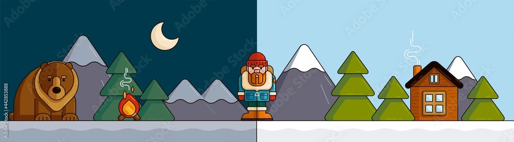 一个隐士旅行者在山里的野生森林里。一个戴帽子的人在山里，一只熊，一只f