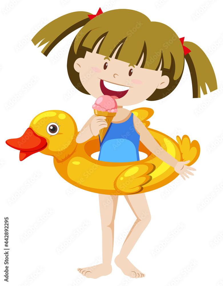 可爱的女孩与鸭子游泳圈隔离