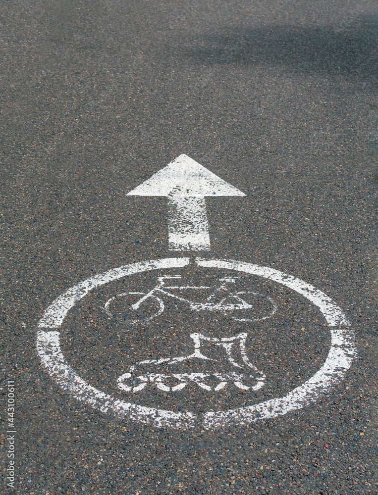 旧的褪色的白色标志自行车道/滚轴车道被画在沥青上。