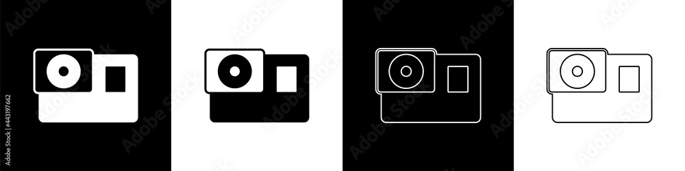设置隔离在黑白背景上的极限动作摄像机图标。用于fi的摄像机设备