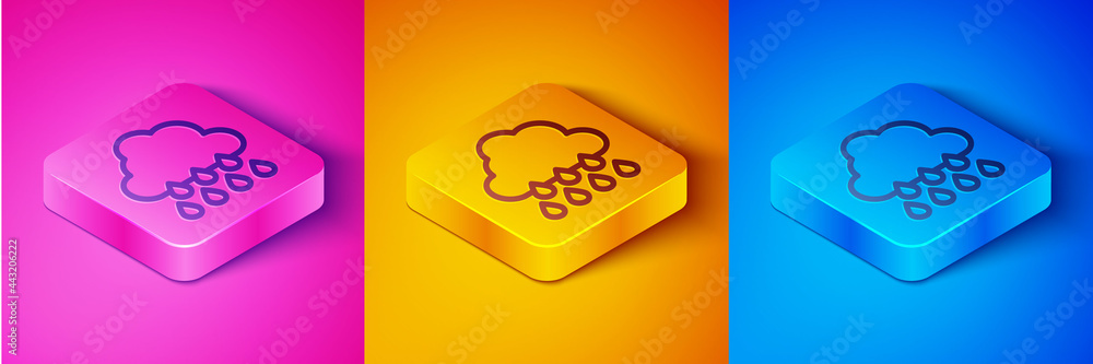 Isometric line Cloud with rain icon isolated on pink and orange, blue background. Rain cloud precipi