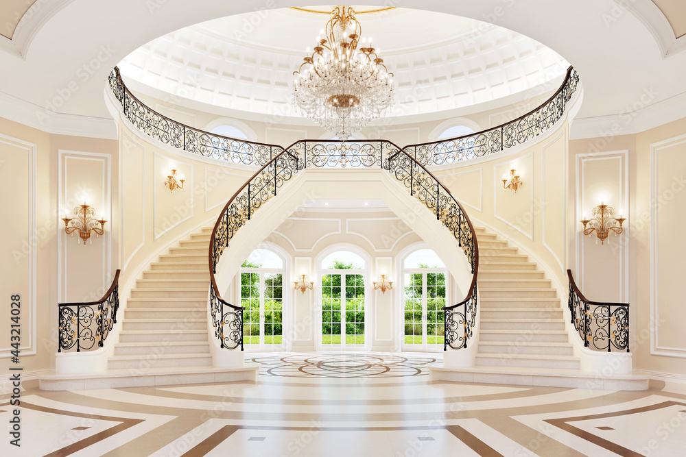 豪华的皇家内部，有美丽的楼梯和吊灯。明亮的大厅，带大型胜利