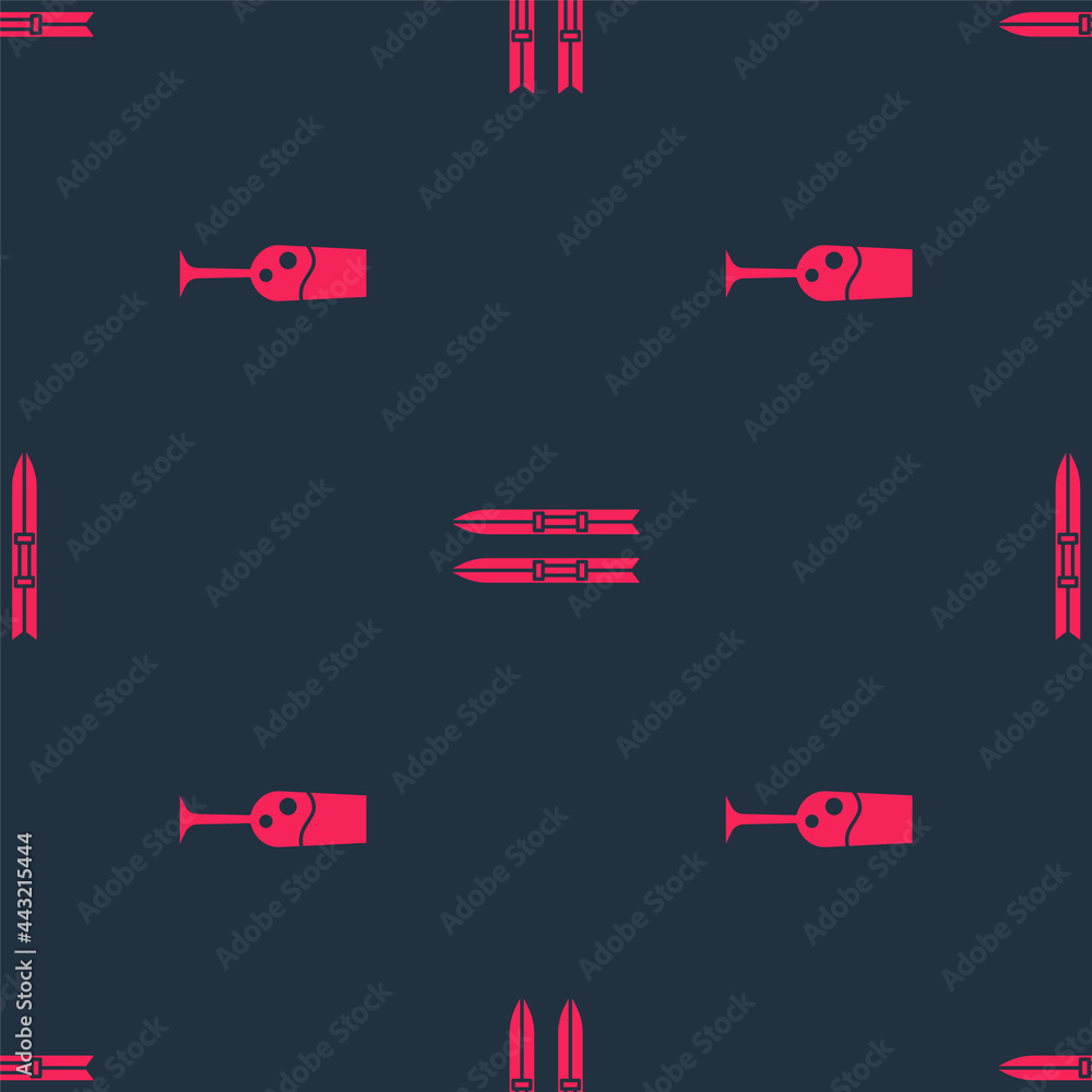 Set Glass of champagne and Ski and sticks on seamless pattern. Vector