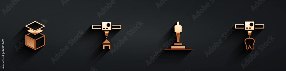 Set Layers, 3D printer house, model and tooth icon with long shadow. Vector