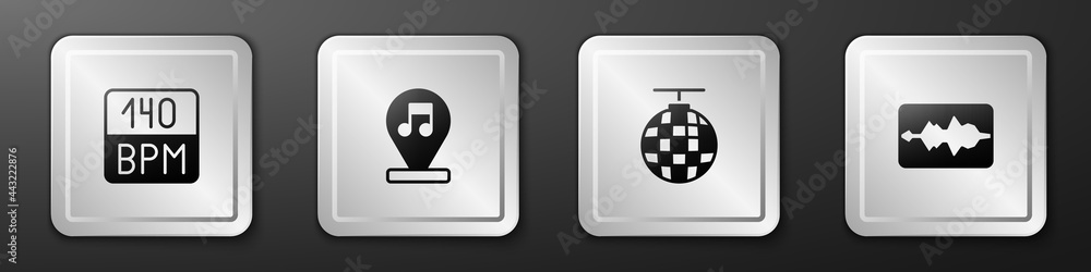 Set Bitrate, Music note, tone, Disco ball and wave equalizer icon. Silver square button. Vector