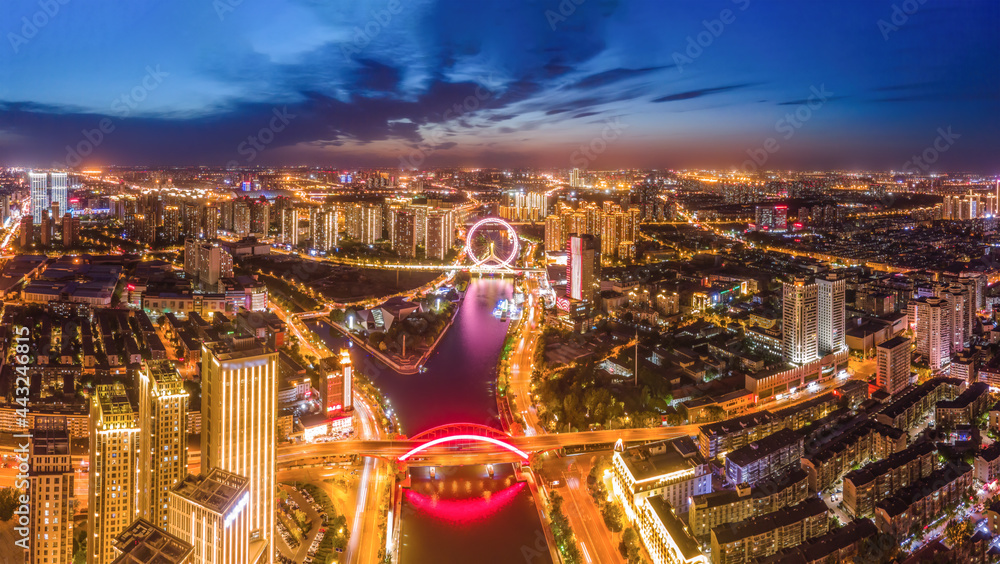 天津航拍。城市建筑景观夜景