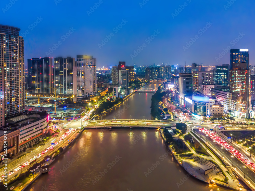 航拍宁波城市建筑景观夜景