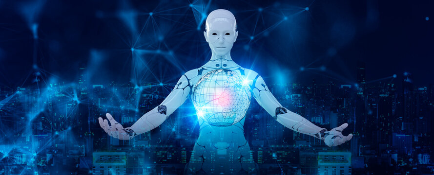 安卓机器人计算机元宇宙网络空间背景，未来数字技术的未来世界力量