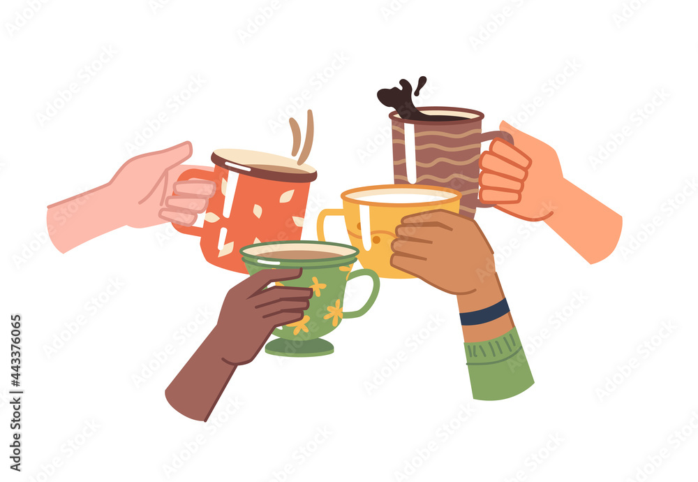 手拿咖啡或茶，为敬酒、庆祝和休闲单独欢呼。芳香饮料wi