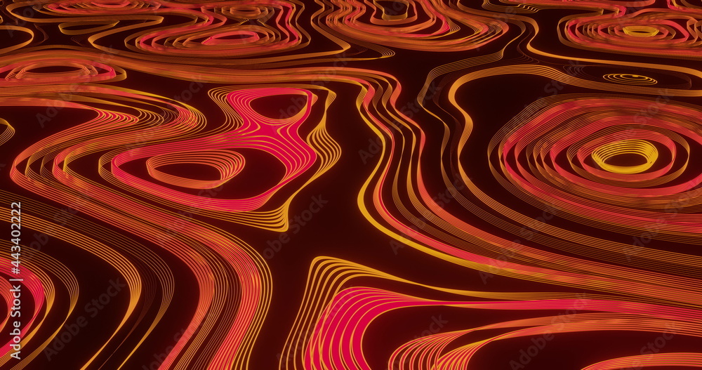 在无缝环路上移动的红色和橙色液体线条发光形成的图像