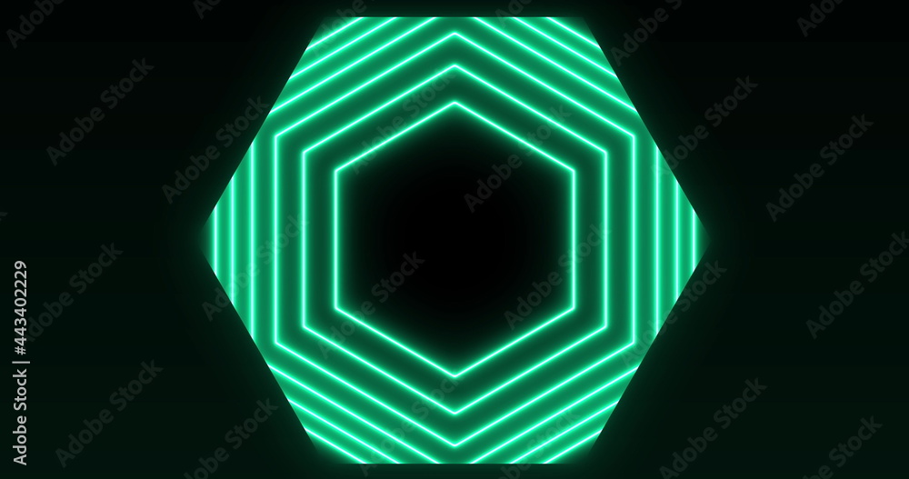 绿色六边形发光形成的图像在无缝环路上闪烁