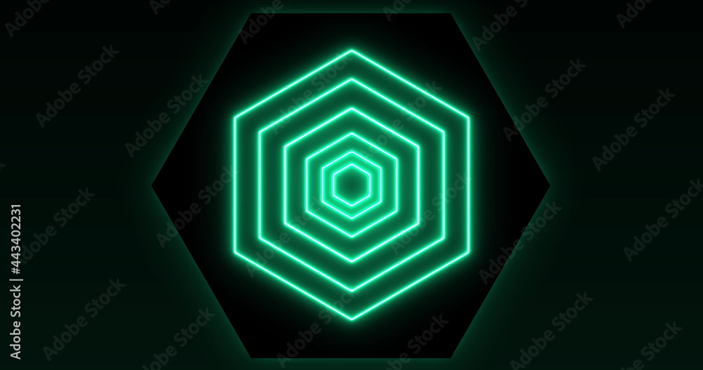 绿色六边形发光形成的图像在无缝环路上闪烁