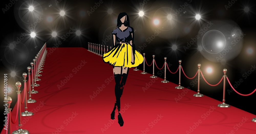 时装秀红毯上模特的时尚图构图，黑色背景
