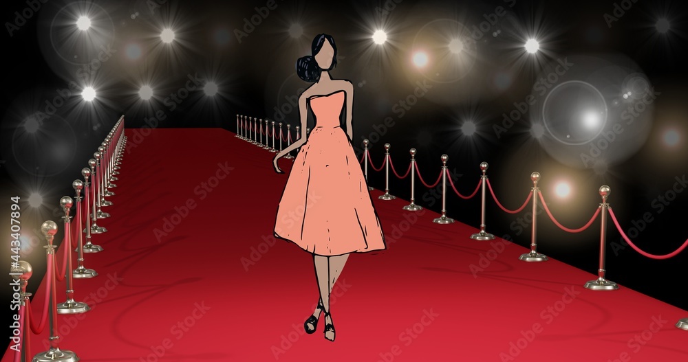 时装秀红毯上模特的时尚画构图，黑色背景