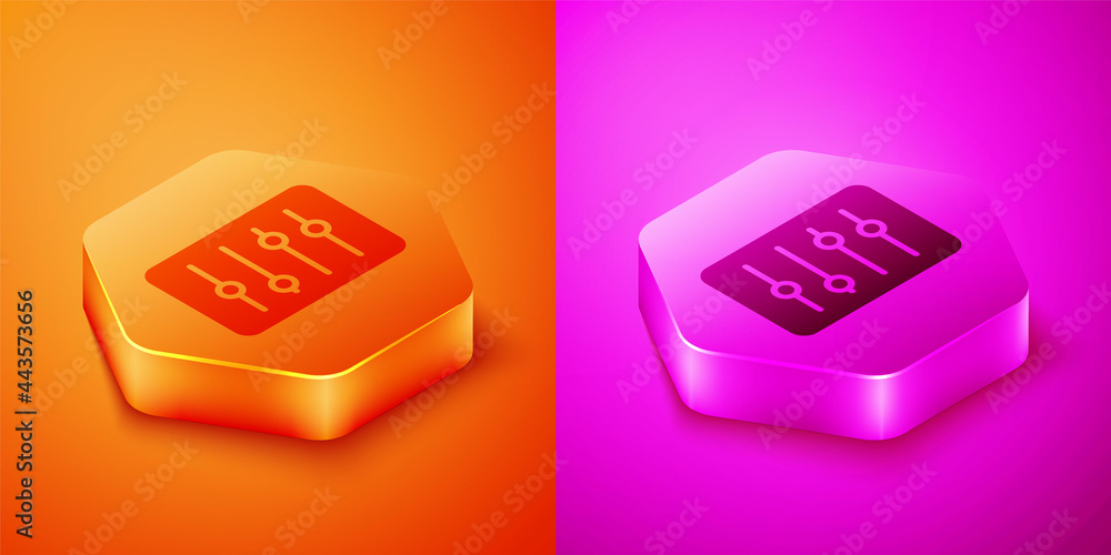 等距混音器控制器图标隔离在橙色和粉色背景上。Dj设备滑块bu