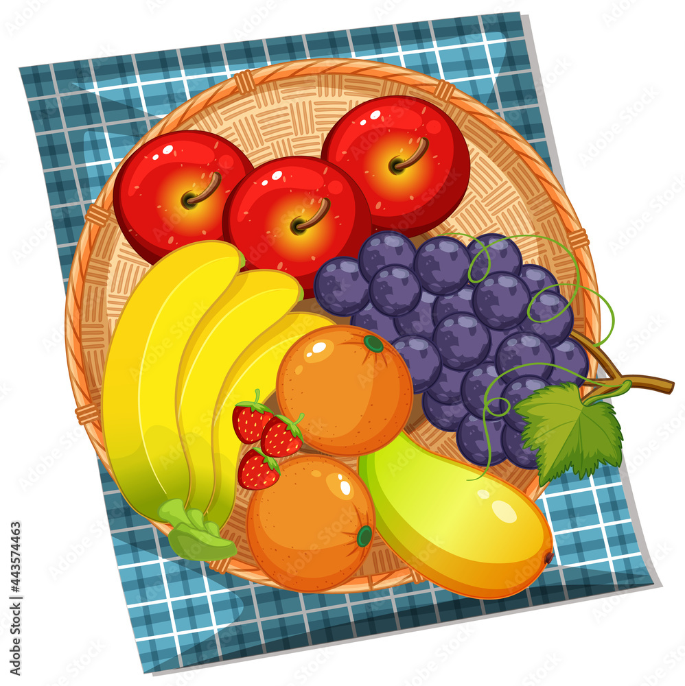 白色背景下篮子里许多水果的俯视图