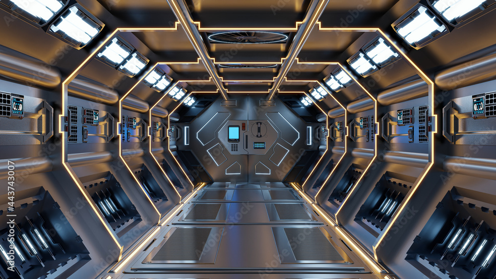 科幻背景小说室内渲染科幻飞船走廊黄灯。