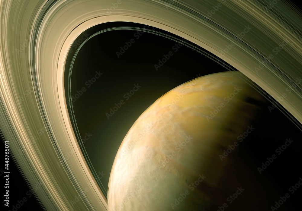 土星光环环绕着太空中的黑暗阳光，土卫六陨石