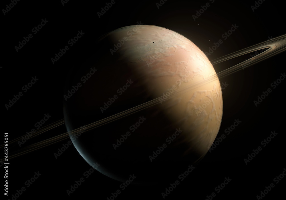 土星光环在太空中环绕着黑暗的阳光——米玛斯泰坦陨石