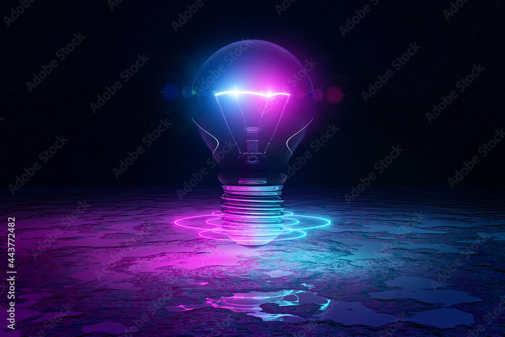 灯泡照明反射地板，蓝色和粉色霓虹灯3D渲染
