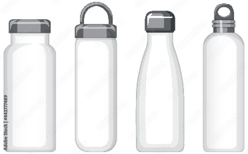 隔离的一套不同的白色金属水瓶