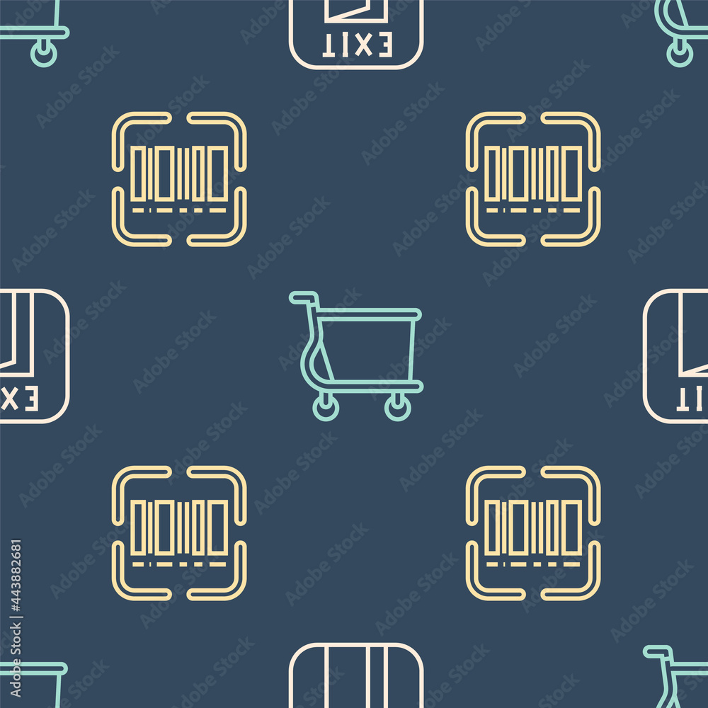 Set line Fire exit, Scanner scanning bar code and Shopping cart on seamless pattern. Vector