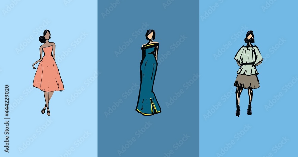 三位穿着三种深浅蓝色背景连衣裙的时尚模特的组合