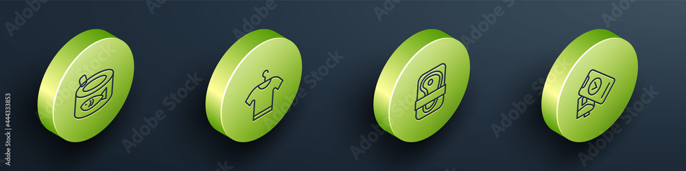 Set Isometric line Canned fish, T-shirt, Meat packaging steak and POS terminal icon. Vector