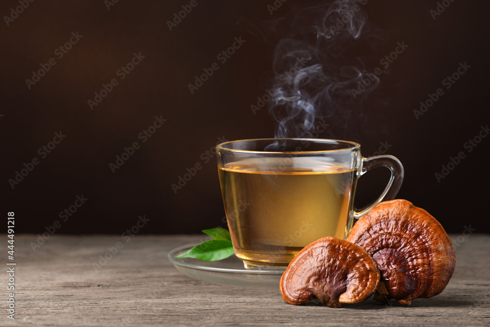 Hot Reishi Mushroom (Lingzhi) tea on wooden table.