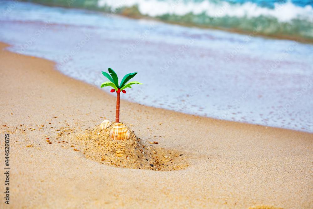 迷你棕榈和沙滩上的小玩具岛