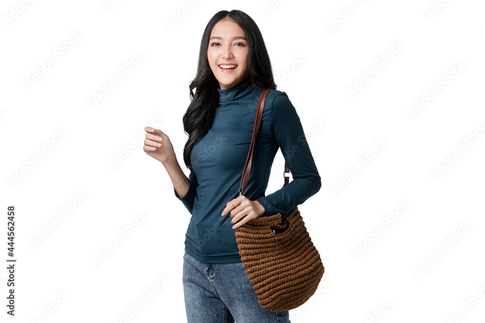 traveller adult attractive cheerful smiling asian female wear casual cloth hand gesture positive fee