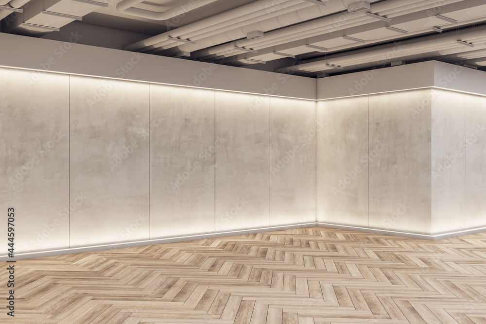 干净的展览空间混凝土内部，墙上和木地板上有实体模型。实体模型，3D