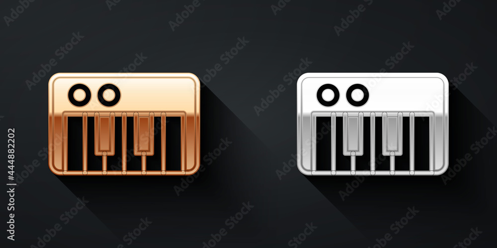 金色和银色音乐合成器图标隔离在黑色背景上。电子钢琴。长阴影s