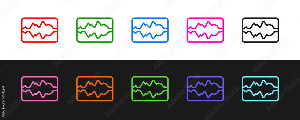 设置线路音乐波形均衡器图标隔离在黑白背景上。声波。音频数字