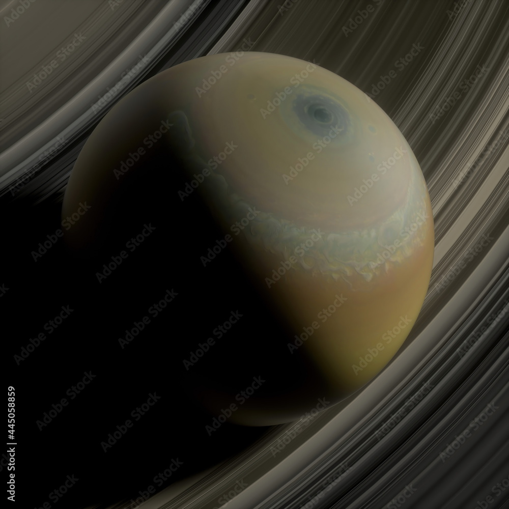 三维渲染图。土星光环在太空中环绕着黑暗的阳光，土卫六陨石