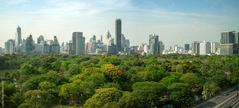 大都会市中心的公共公园和高层建筑城市景观。绿色环境城市和