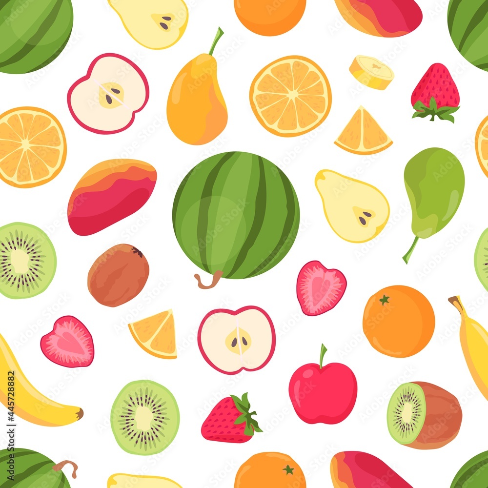 水果无缝图案。热带柑橘类水果和浆果、香蕉、橙子、西瓜、芒果和stra