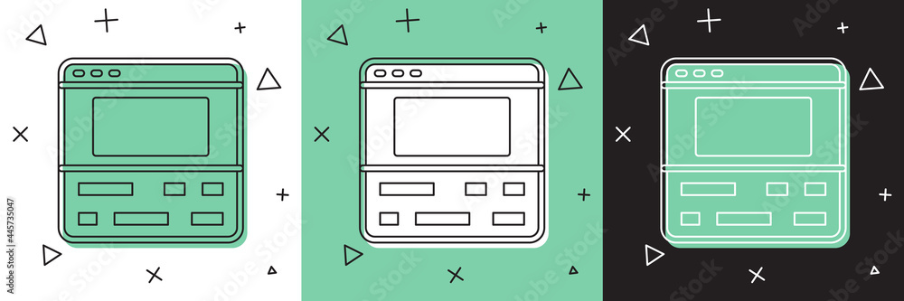 在笔记本电脑上设置录像机或编辑器软件，图标隔离在白色和绿色，黑色背景上。