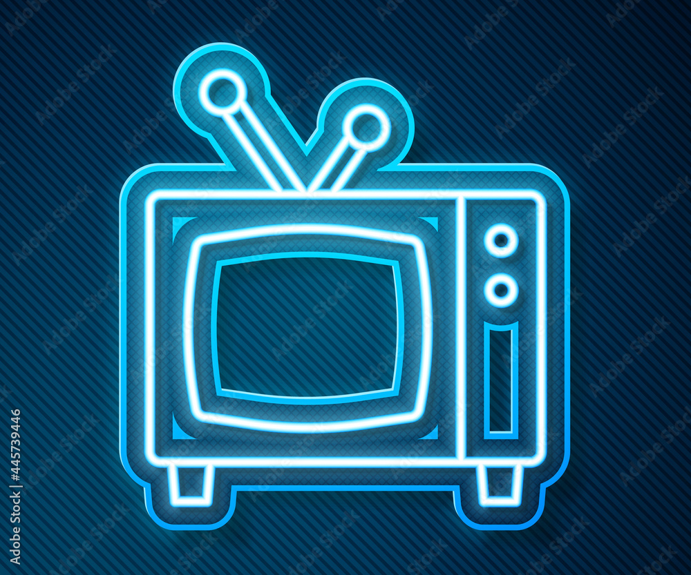 蓝色背景上隔离的霓虹灯复古电视图标。电视标志。矢量