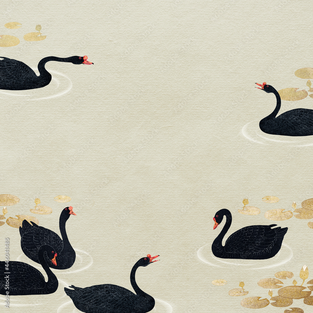 金色荷塘中游动的黑雁背景图