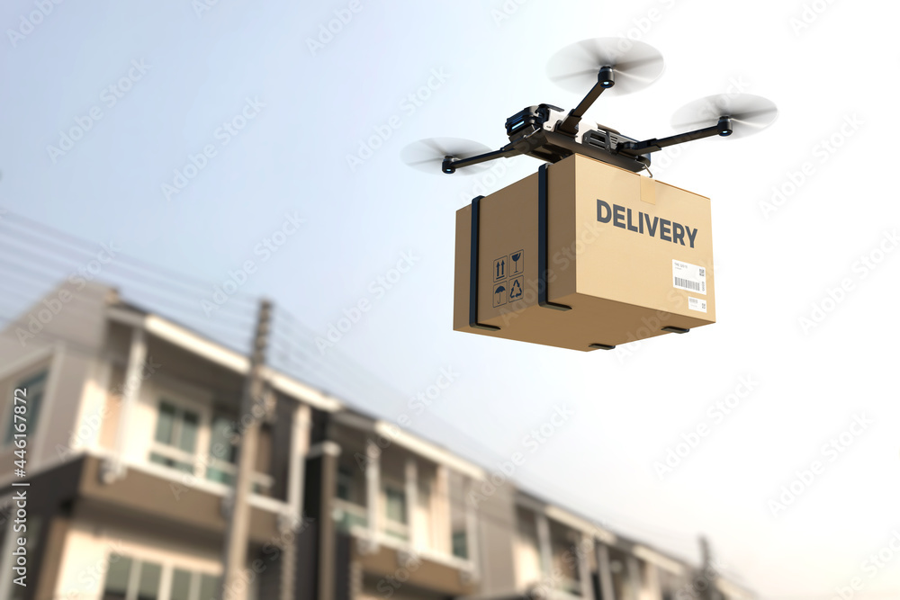 送货无人机，自动送货机器人，商务空运概念