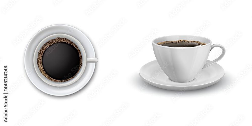 带有黑色咖啡杯正面和俯视图的现代逼真图标st