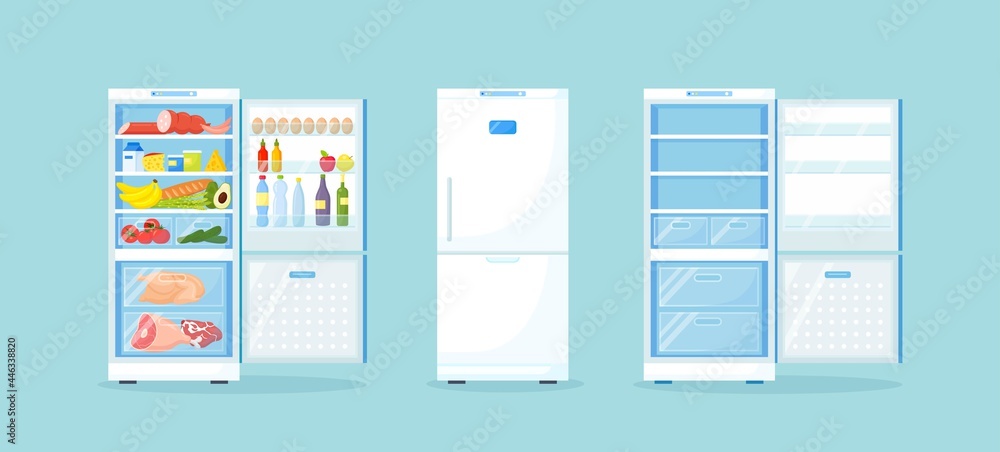空的、封闭的和打开的冰箱，里面有不同的健康食品。厨房里的冰箱，带m的冰箱