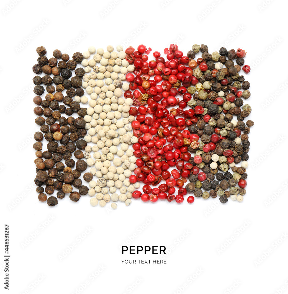 由辣椒、黑胡椒、白胡椒和红胡椒混合在白色背景上制成的创意布局