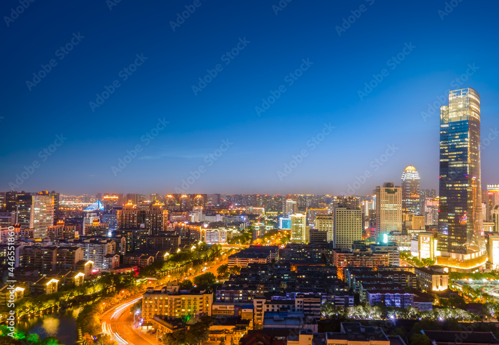 航拍中国盐城城市建筑景观夜景